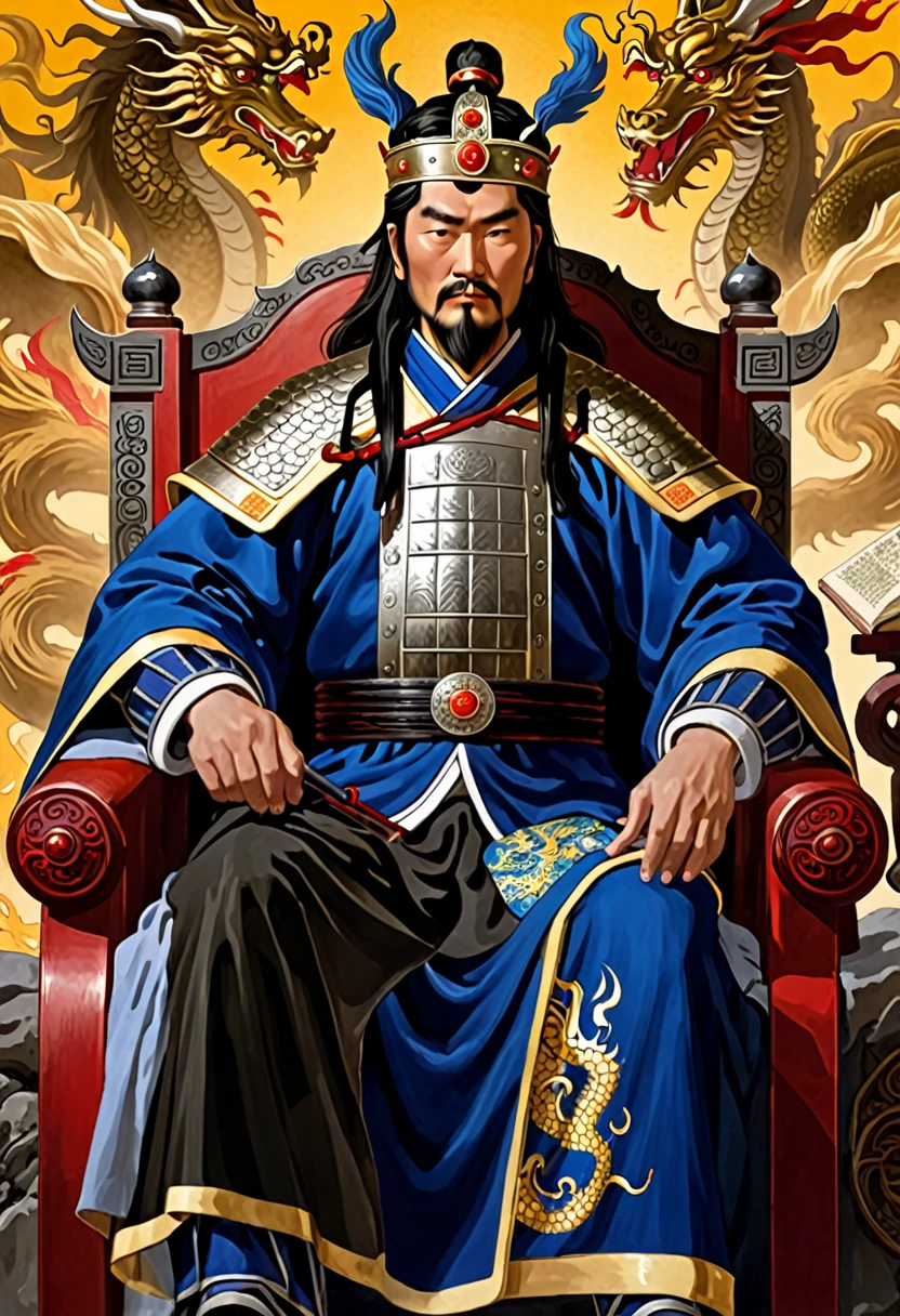 A cunning and strategic portrait of Cao Cao, a warlord from the Three Kingdoms era. He wears a royal robe with dragon patterns, a crown, and has a sharp, intelligent look. He is seated on a throne, holding a fan, surrounded by maps and scrolls.