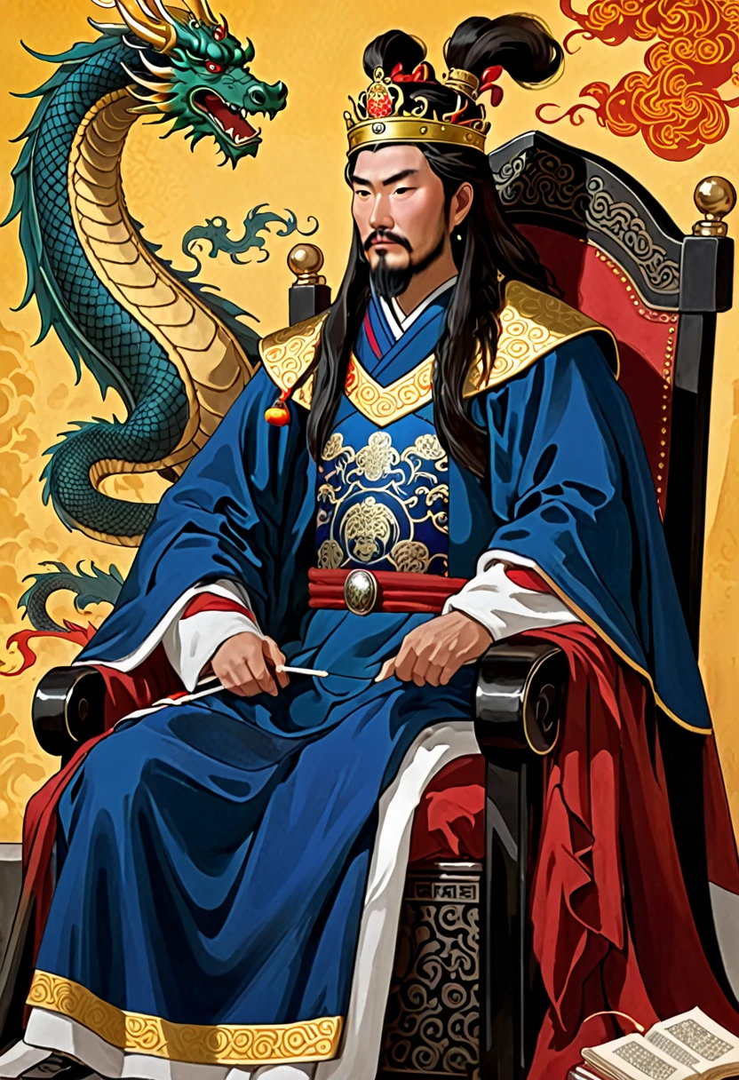 Un retrato astuto y estratégico de Cao Cao, un señor de la guerra de la era de los Tres Reinos. Lleva una túnica real con dibujos de dragones., una corona, y tiene un agudo, Mirada inteligente. Está sentado en un trono, sosteniendo un abanico, rodeado de mapas y pergaminos.