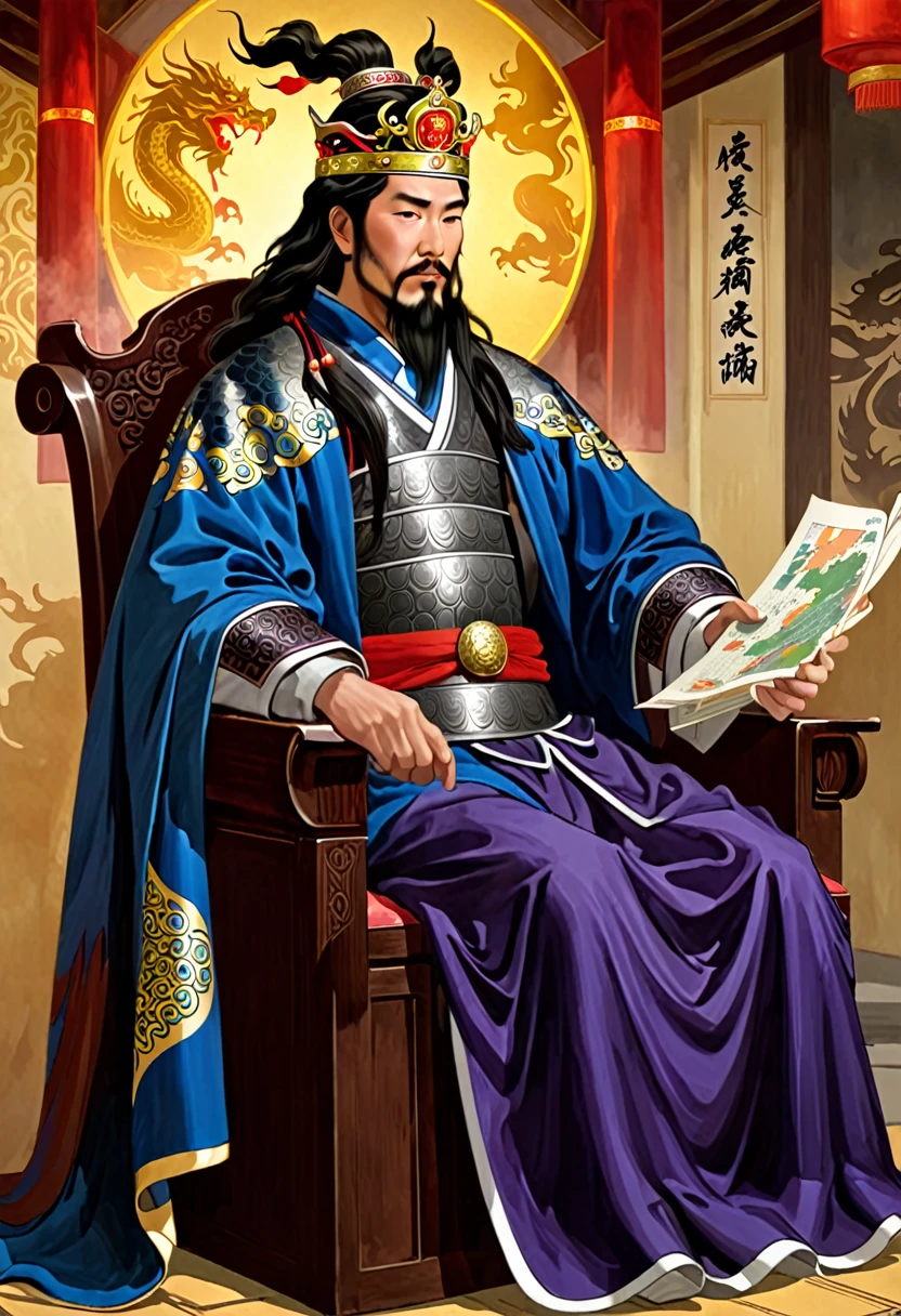 Um retrato astuto e estratégico de Cao Cao, um senhor da guerra da era dos Três Reinos. Ele usa um manto real com padrões de dragão, uma coroa, e tem uma ponta afiada, olhar inteligente. Ele está sentado em um trono, Segurando um fã, cercado por mapas e pergaminhos.