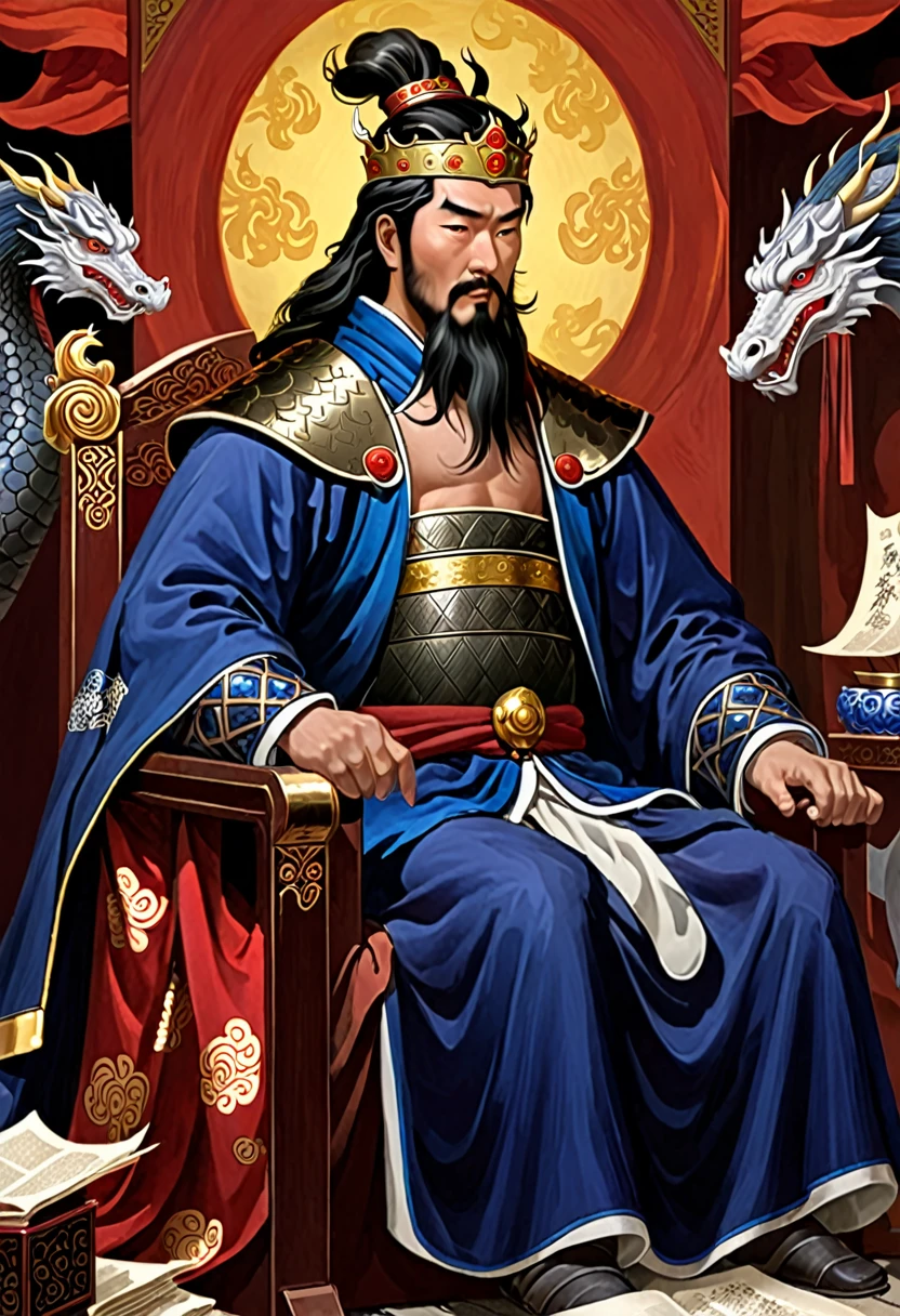 Un retrato astuto y estratégico de Cao Cao, un señor de la guerra de la era de los Tres Reinos. Lleva una túnica real con dibujos de dragones., una corona, y tiene un agudo, Mirada inteligente. Está sentado en un trono, sosteniendo un abanico, rodeado de mapas y pergaminos.