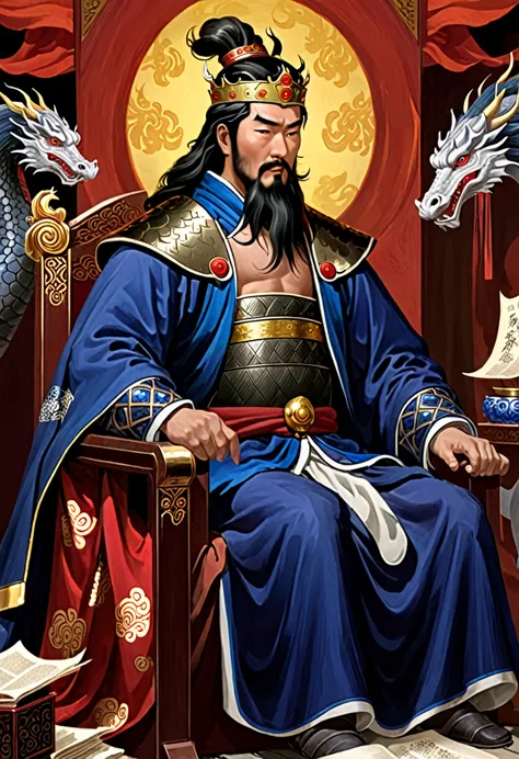 A cunning and strategic portrait of Cao Cao, a warlord from the Three Kingdoms era. He wears a royal robe with dragon patterns, ...