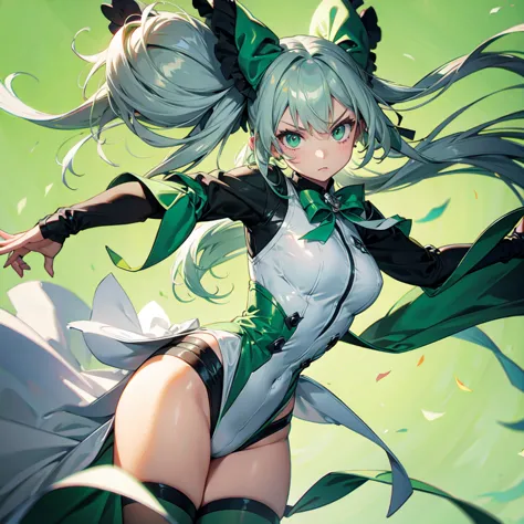 1girl、dynamic composition、((perspective lens, gray hair and light green gradient hair color, long hair、 a dynamic pose with a se...