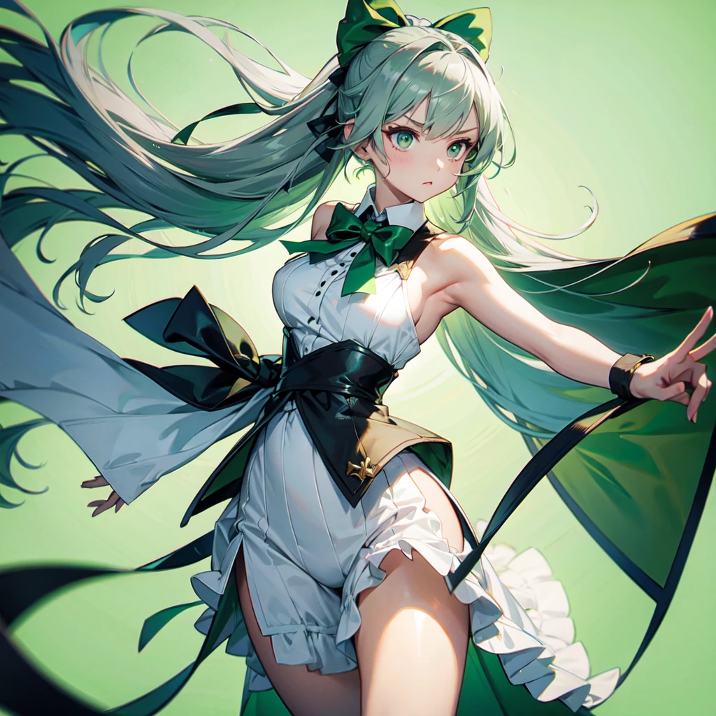 1girl、Dynamic composition、((Perspective Lens, Gray hair and light green gradient hair color, Long Hair、 A dynamic pose with a serious and determined expression, Two hands holding a large bow )) ((Pure Green Background:1.2)),Looks like she&#39;s in her early 20s,Shooting in mid-motion,With her long braided hair fluttering. Her outfit is reminiscent of cyberpunk.,Black and lime green color palette,And she&#39;s casually throwing money around,Be playful、Super huge、whole body、detailed、bow