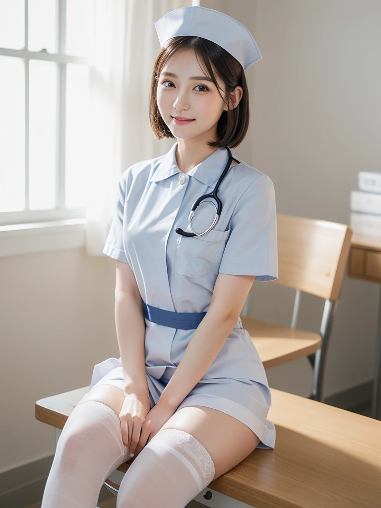 (Highest quality: 1.5), (Realistic: 1.5), (1 person: 1.5), (Very detailed), (High resolution), 8K, Shoot from below, (Japanese women), ((wear White nurse uniform)), (Nurse cap), (Wear a micro mini skirt), (Medium chest), Natural color lips, Cute Smile, 20-year-old girl, (Beautiful and elaborate face), (Perfect and beautiful face), (Big eyes), (Beautiful and elaborate face), (Left/right balance) Beautiful Eyes), Beautiful double eyelids, Perfect and beautiful face, thin arched eyebrows, Slim face, (Slim figure), Beautiful thin nose, Beautiful Skin, (Medium Bob Hair), Natural Bangs, Fair skin, Front view Lighting, (Facial lighting), Dark blue eyes, Slim waistline, Slender and beautiful legs, nurse, Stethoscope, (Sitting on the operating table), (Wearing a white garter belt and white knee-high stockings), white nurse clothes, operating room、((White nurse clothes)), ((White Micro Mini Skirt)), pure white,