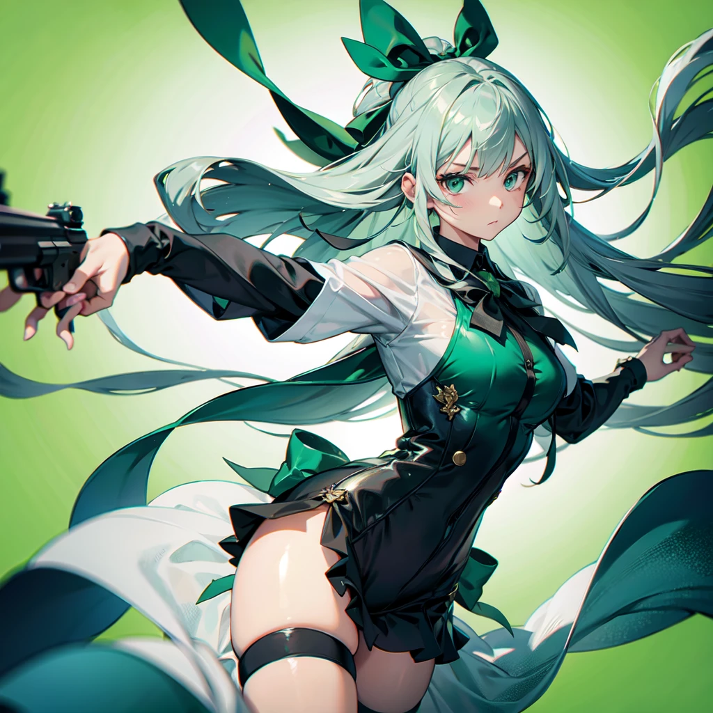 1girl、Dynamic composition、((Perspective Lens, Gray hair and light green gradient hair color, Long Hair、 A dynamic pose with a serious and determined expression, He is holding a large bow and aiming it at the viewer. )) 、((Pure Green Background:1.2)),Looks like she&#39;s in her early 20s,Shooting in mid-motion,With her long braided hair fluttering. Her outfit is reminiscent of cyberpunk.,Black and lime green color palette,And she&#39;s casually throwing money around,Be playful、Super huge、whole body、detailed、bow