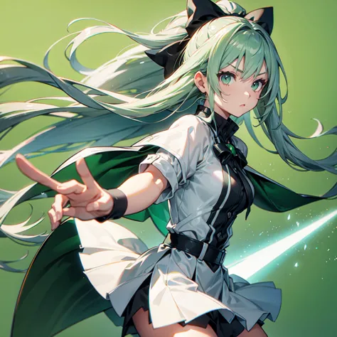 1girl、dynamic composition、((perspective lens, gray hair and light green gradient hair color, long hair、 a dynamic pose with a se...