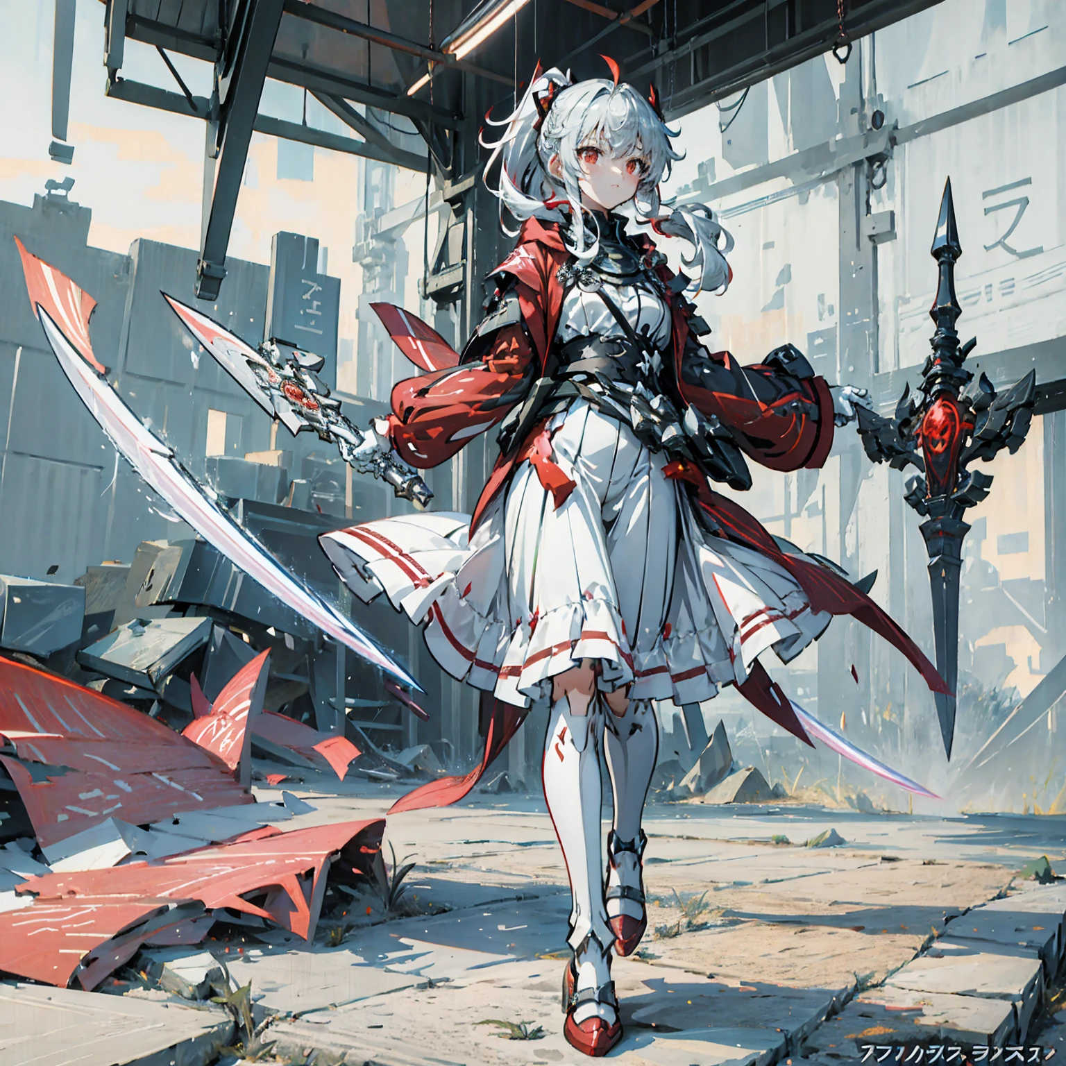 Vêtue d&#39;une robe rouge et blanche、anime fille tenant l&#39;épée, Illustration officielle très détaillée, pochette de light roman épique, epic pochette de roman léger, Armure argentée et rouge, guweiz sur pixiv artstation, Style animé 4k, Art d&#39;animation clé détaillé, pochette de roman léger, oeuvre fantastique d&#39;anime，Cheveux blancs et yeux rouges，queue de cheval latérale，cheveux jusqu&#39;à la taille，1 fille，portrait，en lisant