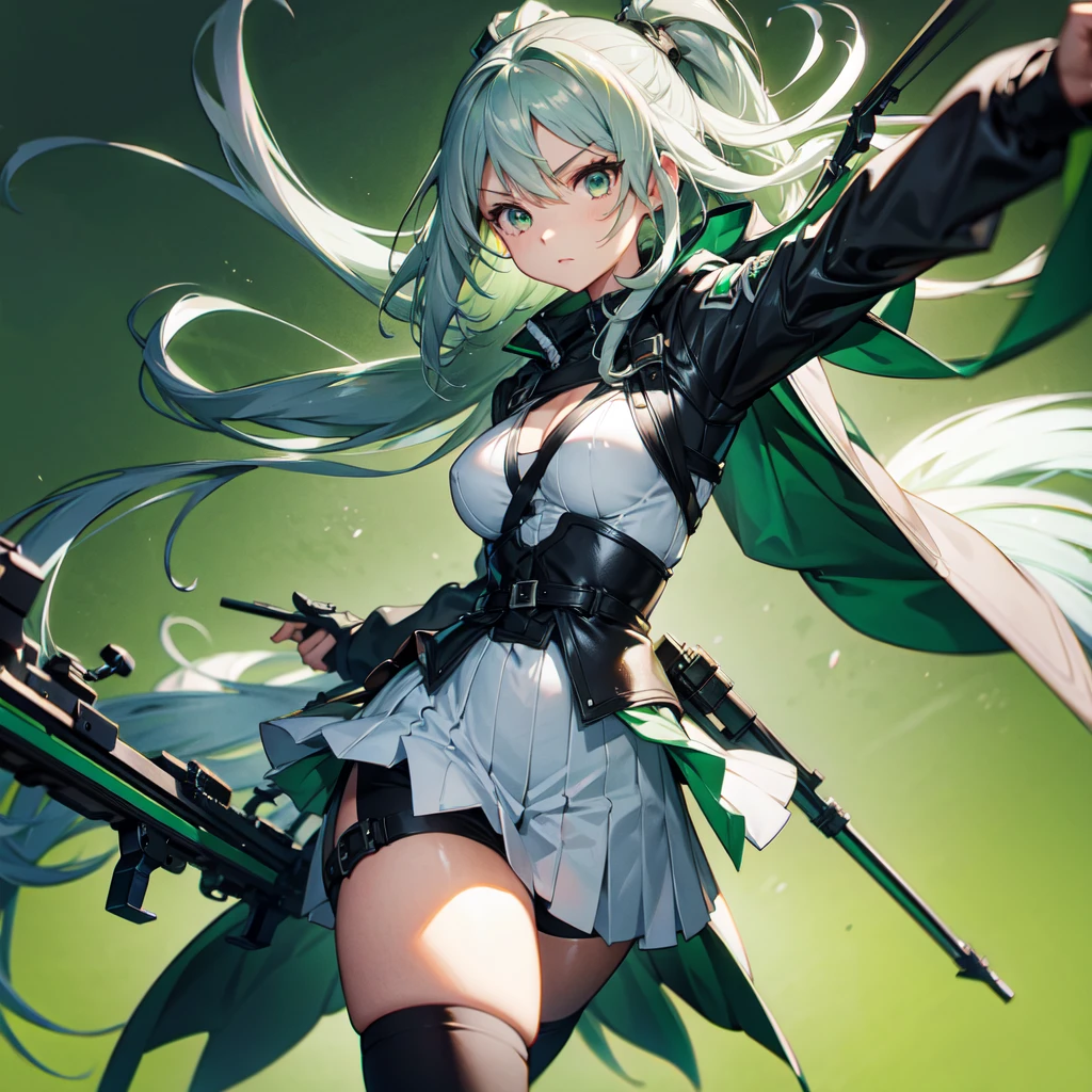 1girl、Dynamic composition、((Perspective Lens, Gray hair and light green gradient hair color, Long Hair、 A dynamic pose with a serious and determined expression, Holding a large crossbow and pulling it towards the viewer )) 、((Pure Green Background:1.2)),Looks like she&#39;s in her early 20s,Shooting in mid-motion,With her long braided hair fluttering. Her outfit is reminiscent of cyberpunk.,Black and lime green color palette,And she&#39;s casually throwing money around,Be playful、Super huge、whole body、detailed、bow