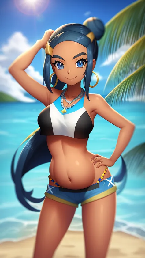 nessa \(pokemon\), beach, 1girl, solo, cowboy shot, standing, looking at viewer, smile, closed mouth, hand in own hair, hand on ...