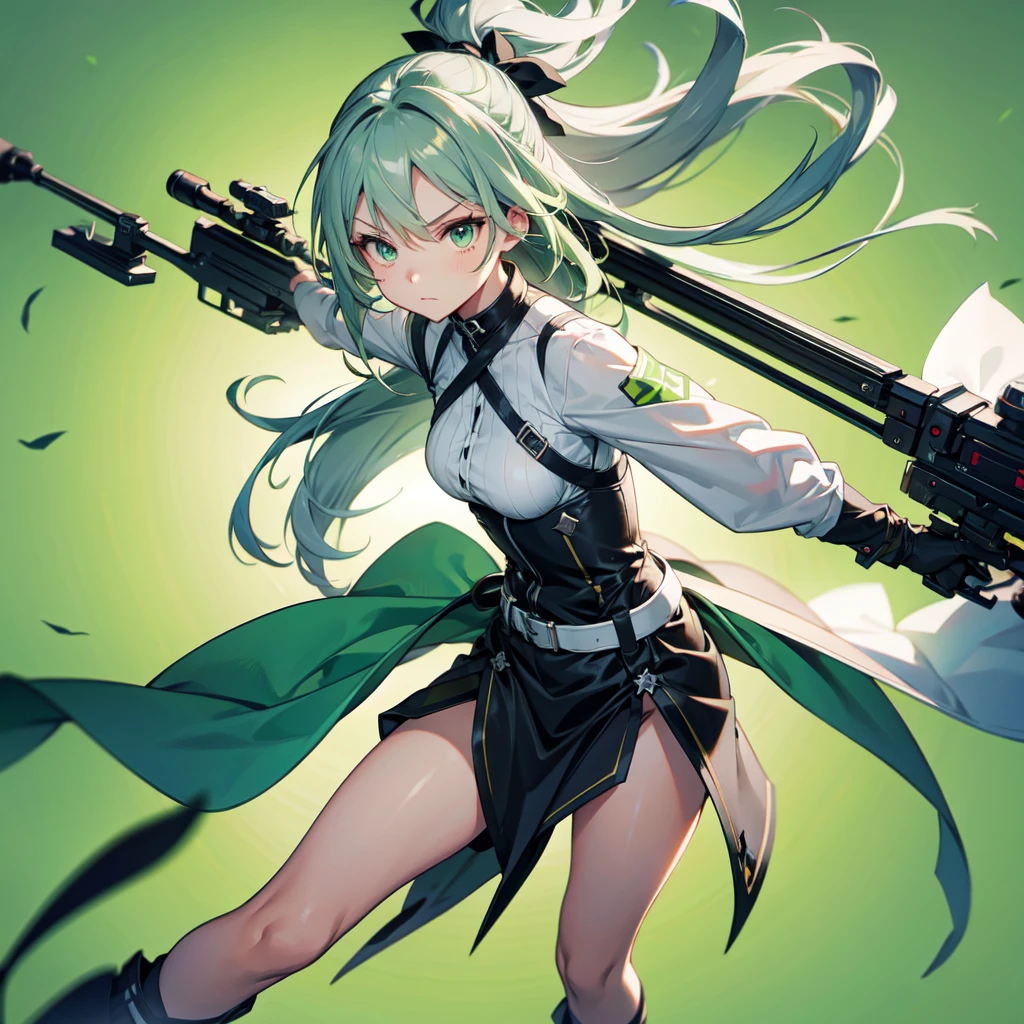 1girl、Dynamic composition、((Perspective Lens, Gray hair and light green gradient hair color, Long Hair、 A dynamic pose with a serious and determined expression, Holding a large crossbow and pulling it towards the viewer )) 、((Pure Green Background:1.2)),Looks like she&#39;s in her early 20s,Shooting in mid-motion,With her long braided hair fluttering. Her outfit is reminiscent of cyberpunk.,Black and lime green color palette,And she&#39;s casually throwing money around,Be playful、Super huge、whole body、detailed、bow