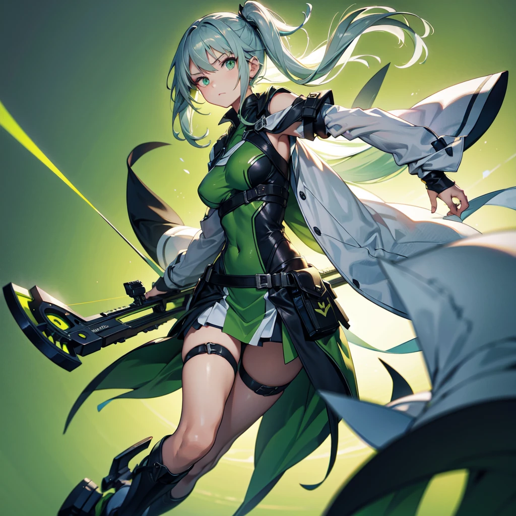 1girl、Dynamic composition、((Perspective Lens, Gray hair and light green gradient hair color, Long Hair、 A dynamic pose with a serious and determined expression, Holding a large crossbow and pulling it towards the viewer )) 、((Pure Green Background:1.2)),Looks like she&#39;s in her early 20s,Shooting in mid-motion,With her long braided hair fluttering. Her outfit is reminiscent of cyberpunk.,Black and lime green color palette,And she&#39;s casually throwing money around,Be playful、Super huge、whole body、detailed、bow