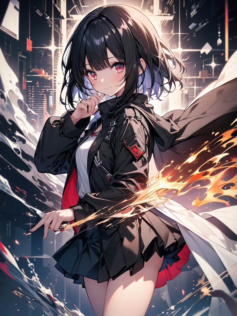 (masterpiece, highest quality, highest quality, (No text), Beautiful and aesthetic:1.2),No text,アニメ、 BREAK,One Girl，Short black hair　Beautiful eyes　Red eyes　Beautiful girl　cool　smile　Black Coat　mini skirt　whole body　Night view　Detailed eyes and face
