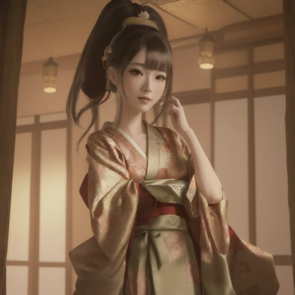 there is a woman en kimono dress posing for a picture, palais ， Fille à Hanfu, en kimono, déesse japonaise, 3D Anime Réel, Animation photoréaliste girl render, en kimono, Style 3D animé réaliste, Japonisme 3d 8k ultra détaillé, Femme japonaise élégante, tendance sur cgstation, Animation photoréaliste