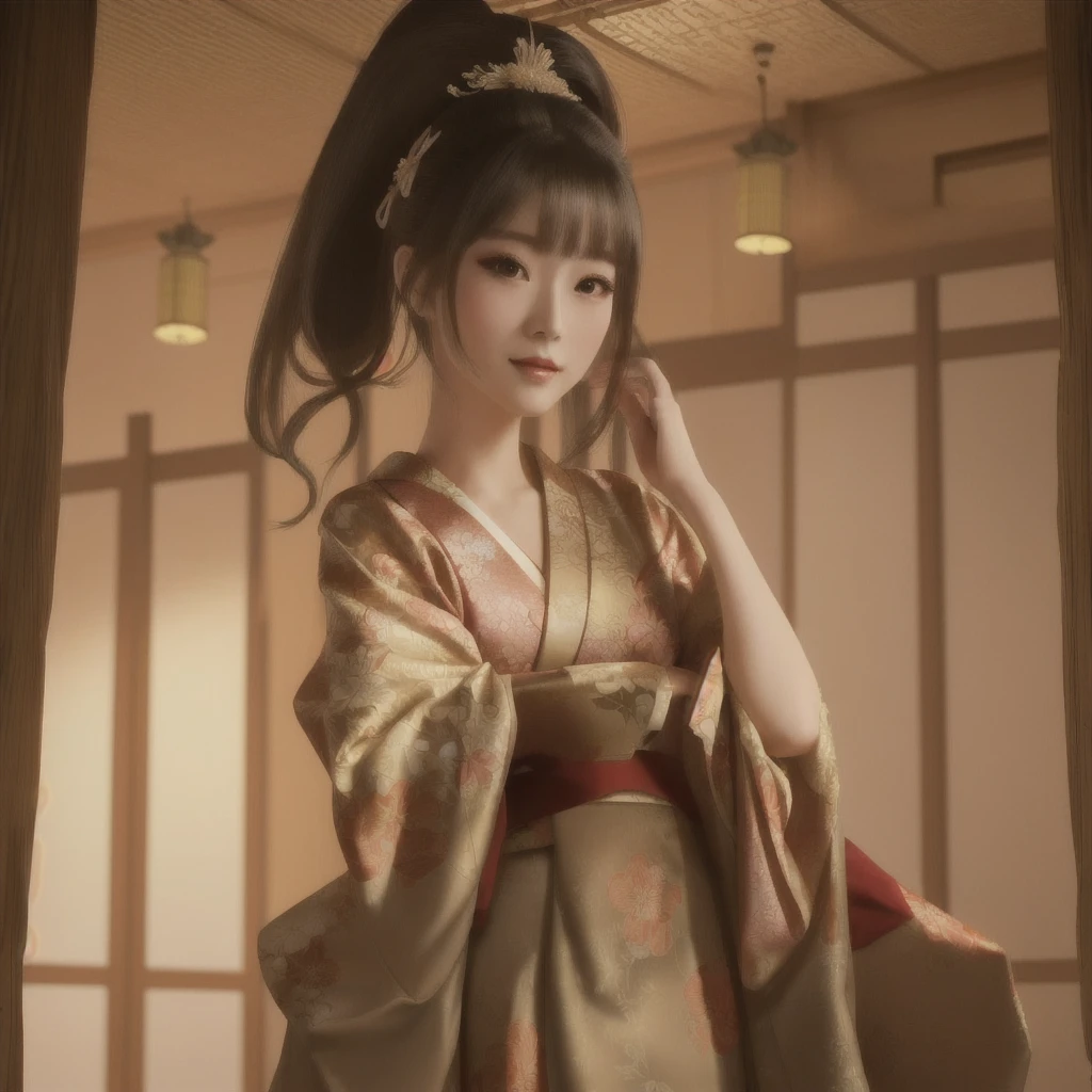 there is a woman ในชุดกิโมโน dress posing for a picture, พระราชวัง ， หญิงสาวในชุดฮันฟู, ในชุดกิโมโน, เจ้าแม่ญี่ปุ่น, อะนิเมะ 3D จริง, แอนิเมชั่นที่เหมือนจริง girl render, ในชุดกิโมโน, อะนิเมะสไตล์ 3 มิติที่สมจริง, Japonism 3d 8k มีรายละเอียดพิเศษ, ผู้หญิงญี่ปุ่นที่สง่างาม, กำลังมาแรงบน cgstation, แอนิเมชั่นที่เหมือนจริง