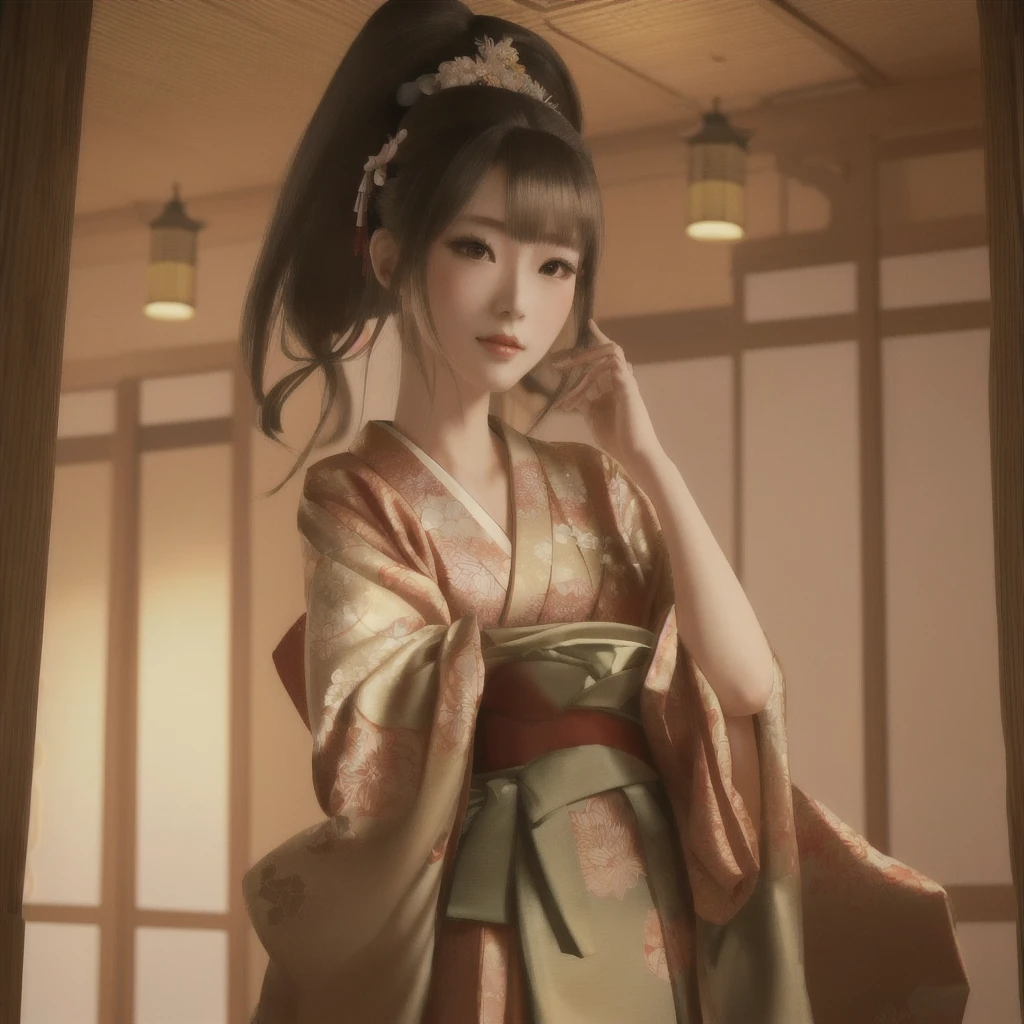 there is a woman de quimono dress posing for a picture, Palácio ， garota em hanfu, de quimono, Deusa Japonesa, 3D Anime Real, Animação fotorrealista girl render, de quimono, Estilo 3D de anime realista, Japonismo 3d 8k ultra detalhado, mulher elegante do Japão, tendências no cgstation, Animação fotorrealista