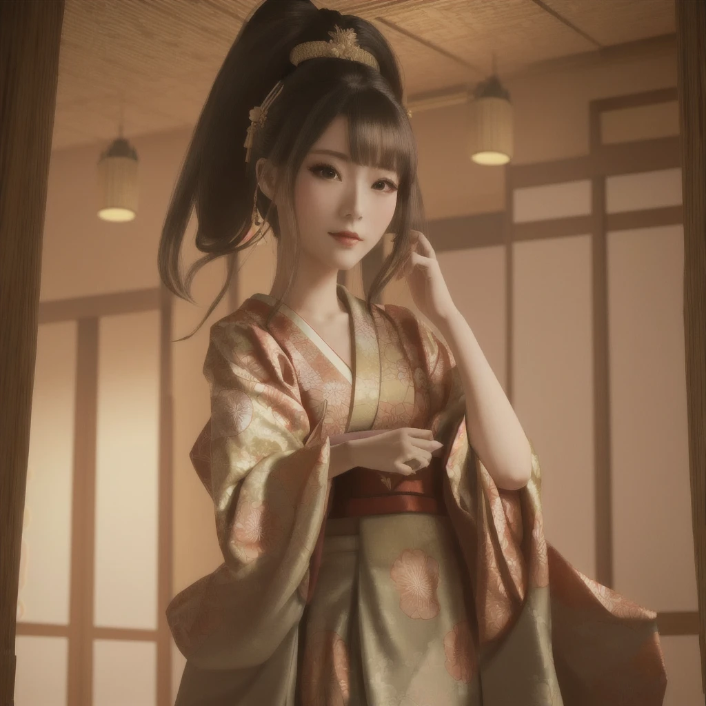 there is a woman ในชุดกิโมโน dress posing for a picture, พระราชวัง ， หญิงสาวในชุดฮันฟู, ในชุดกิโมโน, เจ้าแม่ญี่ปุ่น, อะนิเมะ 3D จริง, แอนิเมชั่นที่เหมือนจริง girl render, ในชุดกิโมโน, อะนิเมะสไตล์ 3 มิติที่สมจริง, Japonism 3d 8k มีรายละเอียดพิเศษ, ผู้หญิงญี่ปุ่นที่สง่างาม, กำลังมาแรงบน cgstation, แอนิเมชั่นที่เหมือนจริง