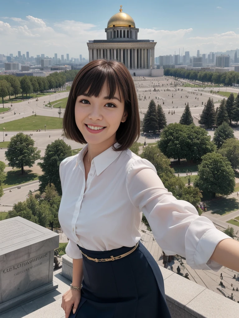 1girl, solo, realistic, her name is Cathlyn, she is a Caucasian brunette, 30 years old, (mature face and body), smiling, short hair with bangs, chubby, selfie shot, upper body and upper legs, she is wearing blouse and skirt, (background: overlooking Lenin's Mausoleum)