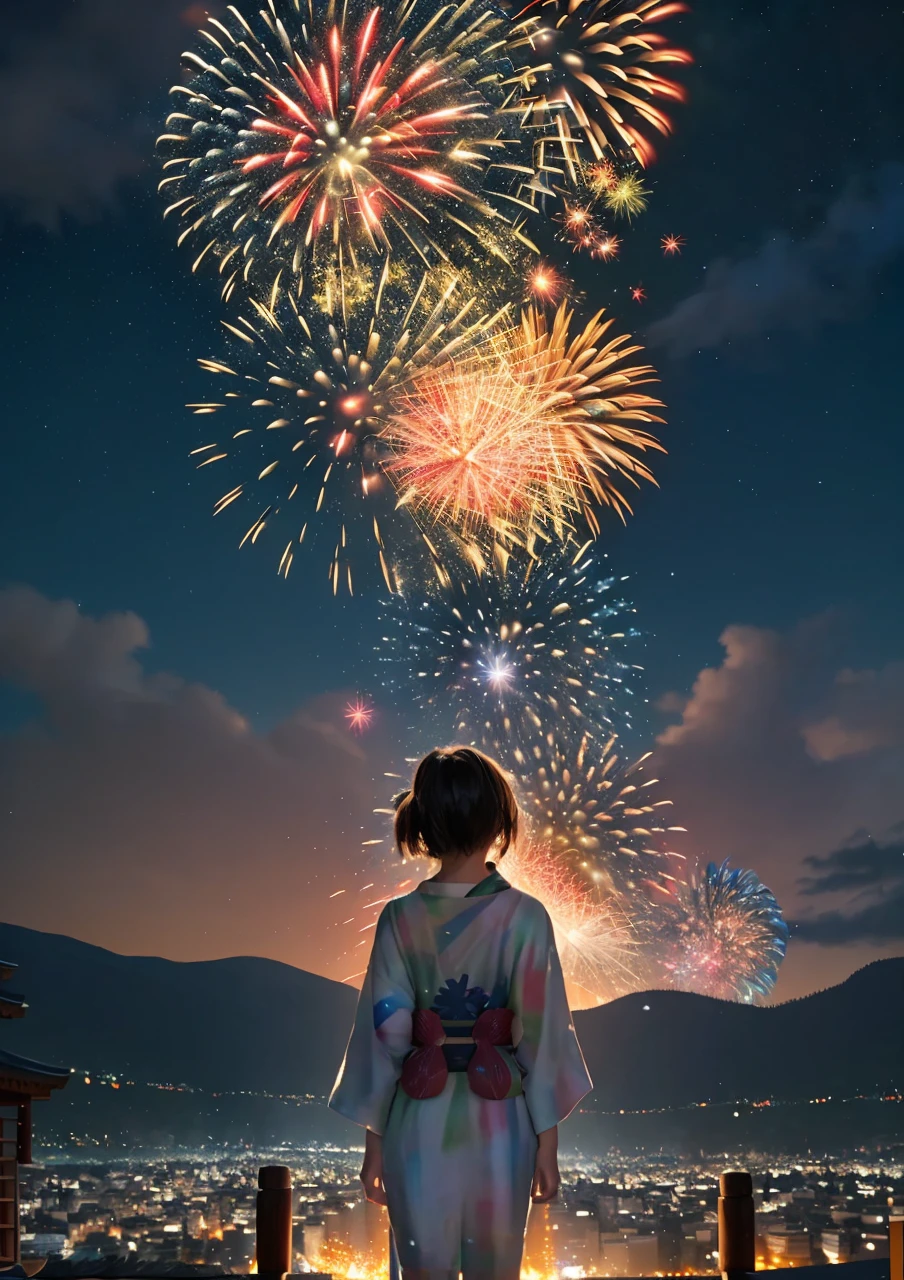 ночной пейзаж、(Огромное звездное небо:1.4)、сверкающий старилки Way в 7 цветах、Фестиваль фейерверков、Большой фейерверк в ночном небе、красивый горизонт、Улицы Киото、святыни、Летние фестивали、чрезвычайно напряженные и драматичные картины、движущиеся визуальные эффекты、высоко висящий Полярис、Красочный ночной естественный свет、И девушка в юкате、