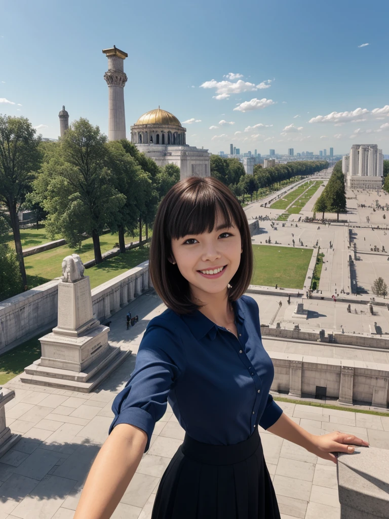 1fille, seulement, réaliste, elle s&#39;appelle Cathlyn, c&#39;est une brune de race blanche, 30 ans, (visage et corps matures), souriant, cheveux courts avec une frange, joufflu, photo de selfie, haut du corps et haut des jambes, elle porte un chemisier et une jupe bleu marine, (arrière-plan: surplombant le mausolée de Lénine)