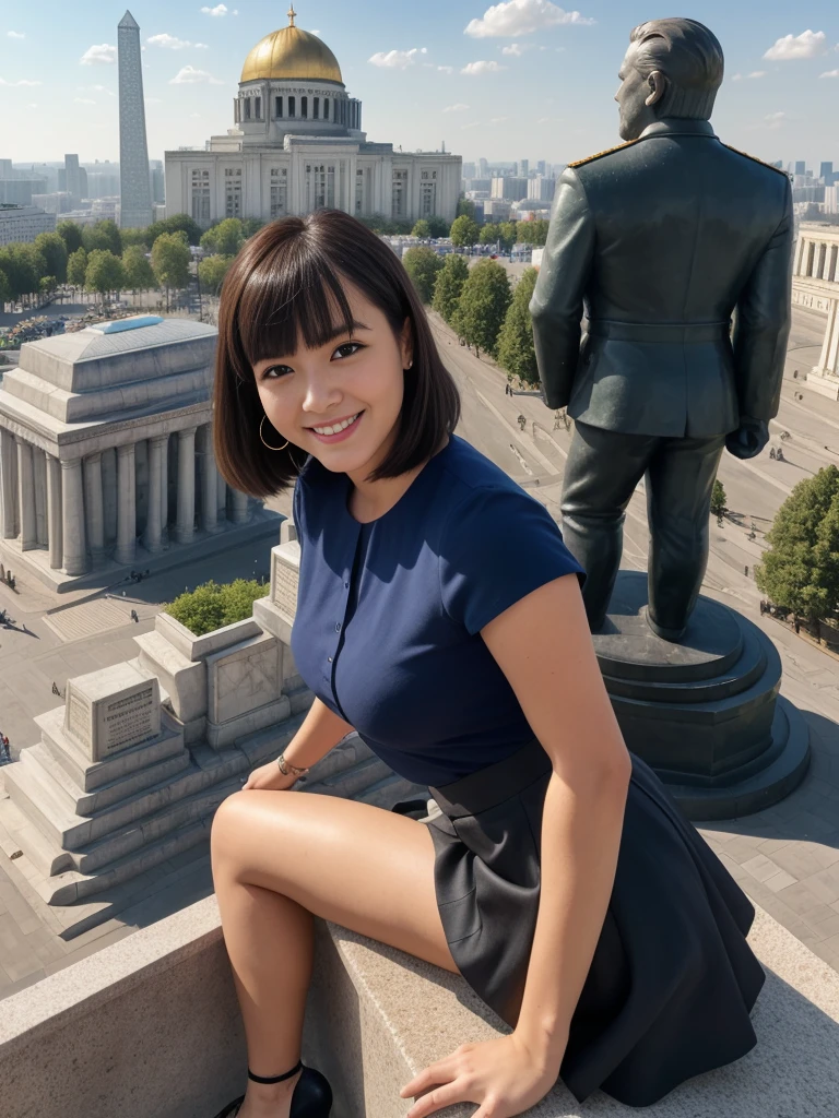 1girl, solo, realistic, her name is Cathlyn, she is a Caucasian brunette, 30 years old, (mature face and body), smiling, short hair with bangs, chubby, selfie shot, upper body and upper legs, she is wearing navy blouse and skirt, (background: overlooking Lenin's Mausoleum)