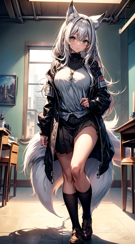 /(Modern DESK Inside the house/), (work of art, best qualityer:1.4), 1 girl, standing alone, , (an extremely beautiful and delicphie), greeneyes, fox ears, (black fox tail:1.2),far away black body hair, medium body hair, body hair between eyes, hypdertailed, medium breastsout, terphi de negócios,open shirt, Black Skirt, Knee socks, moccasins, Inside the house, DESK, neckleace, closed up_gura, big fit ass_breastsout, far away_body hair, gazing_phi_viewer, へそ, signphiure, standing alone, posando,thicc thighs, tall woman, in back, narrow waisted, naughty face, confusing, suprised,(work of art, best qualityer:1.4),high qualiy, highly detailded,detailded,perfect,sitting down, on cbody hair,