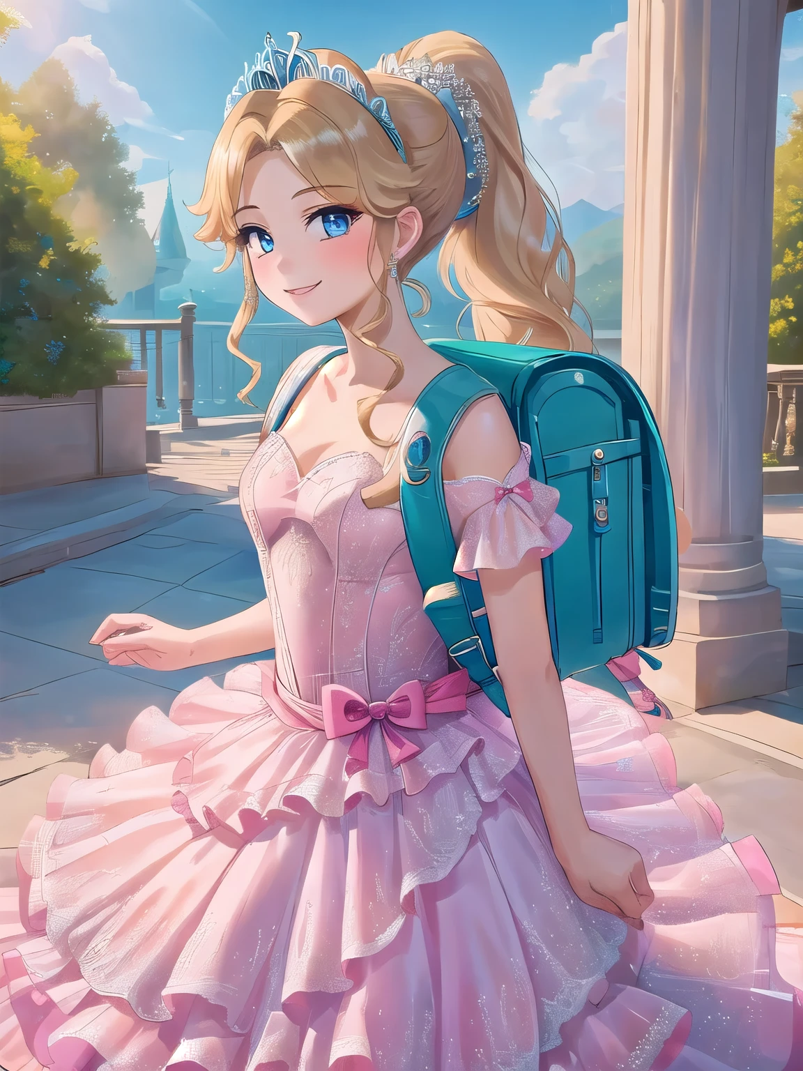 Meisterwerk, hd, 2d, 1 Mädchen, schönes Mädchen, lächelnd, Regal, (blaues Prinzessinnenkleid), beschwingt, lebendig, (Bögen), Blondes Haar, Pferdeschwanz, wearing Rucksack, (Rucksack:1.1)