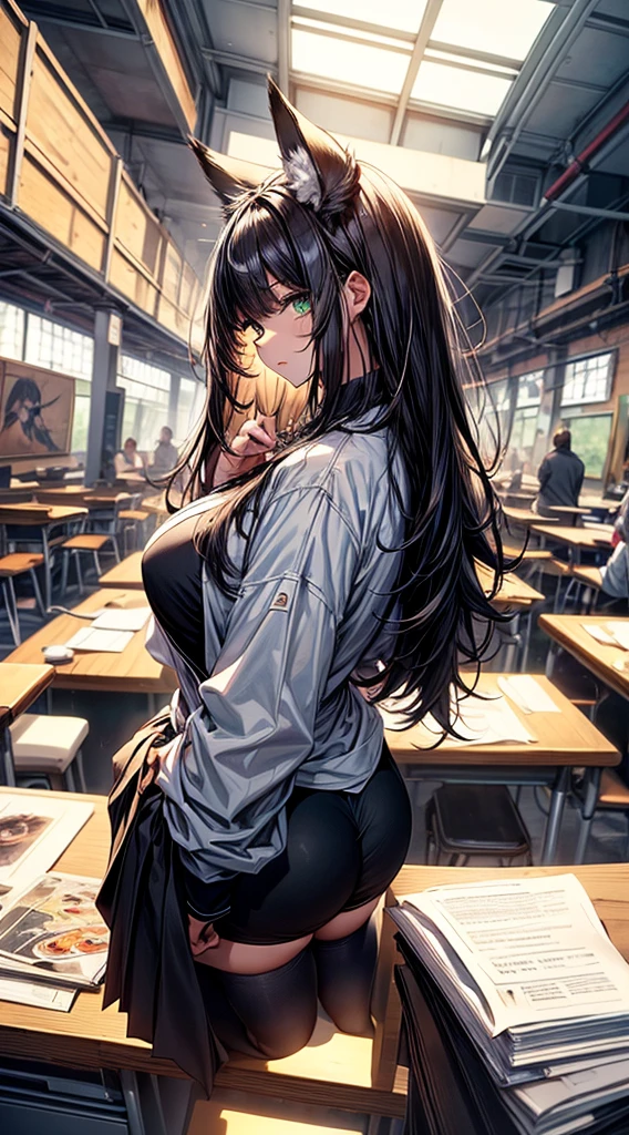 /(Modern DESK Inside the house/), (work of art, best qualityer:1.4), 1 girl, standing alone, , (an extremely beautiful and delicphie), greeneyes, fox ears, (black fox tail:1.2),far away black body hair, medium body hair, body hair between eyes, hypdertailed, medium breastsout, terphi de negócios,open shirt, Black Skirt, Knee socks, moccasins, Inside the house, DESK, neckleace, closed up_gura, big fit ass_breastsout, far away_body hair, gazing_phi_viewer, へそ, signphiure, standing alone, posando,thicc thighs, tall woman, in back, narrow waisted, naughty face, confusing, suprised,(work of art, best qualityer:1.4),high qualiy, highly detailded,detailded,perfect,sitting down, on cbody hair,