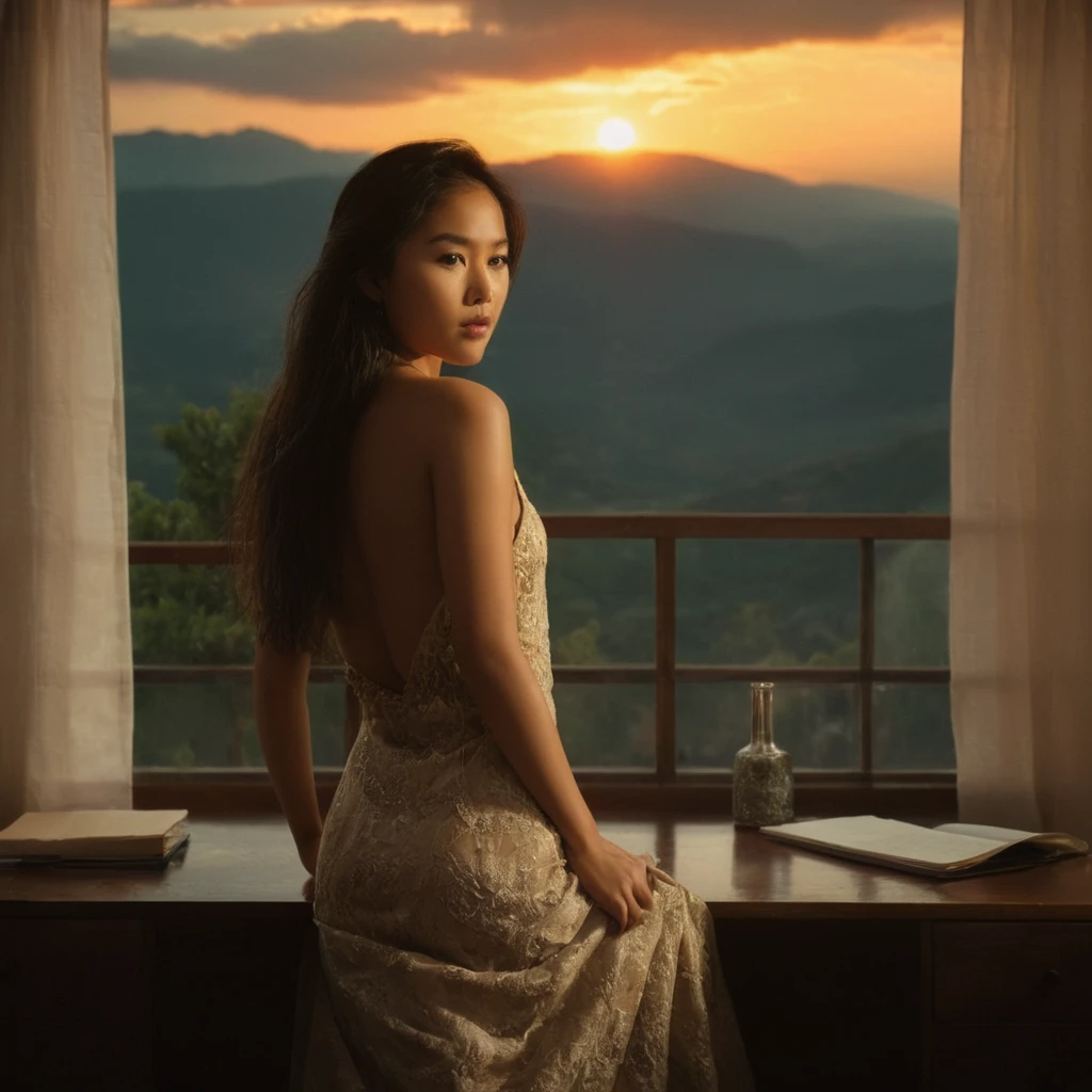 Kinofilmstill mit warmem Licht,ein Sonnenuntergang mit einem Baum und Bergen im Hintergrund,warmer Beleuchtungsstil, junges asiatisches weibliches Model, perfekter Körper, ärmelloses Kleid, Schlafzimmer, desk, unordentliches Zimmer, realistisch, Betrachter betrachten, Fenster, hübsch, Arme hinter dem Rücken, von oben, stürmischer Himmel, dim light at cozy Schlafzimmer,, (Meisterwerk, beste Qualität, sehr ästhetisch, Extrem detailliert), komplizierte Details