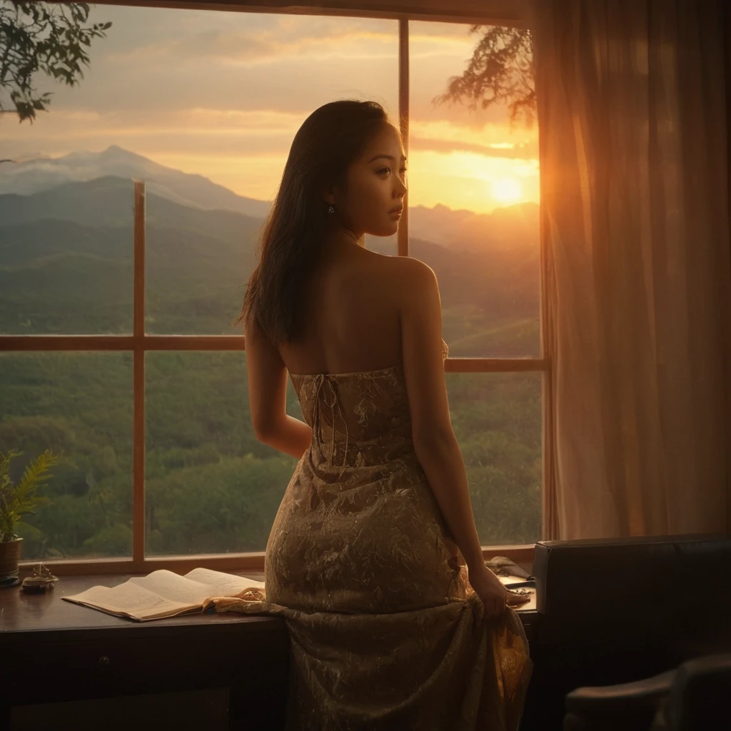 fotografia de filme cinematográfica de luz quente,um pôr do sol com uma árvore e montanhas ao fundo,estilo de iluminação quente, jovem modelo feminino asiático, corpo perfeito, Vestido sem mangas, quarto, mesa, sala bagunçada, realista, Olhando para o visualizador, janela, bonito, braços atrás das costas, de cima, Céu tempestuoso, dim light at cozy quarto,, (obra de arte, melhor qualidade, muito estético, ultra detalhado), detalhes intrincados