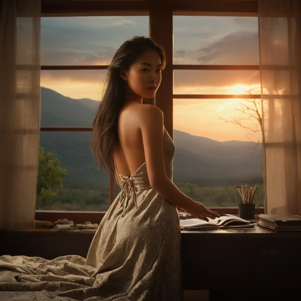 Kinofilmstill mit warmem Licht,ein Sonnenuntergang mit einem Baum und Bergen im Hintergrund,warmer Beleuchtungsstil, junges asiatisches weibliches Model, perfekter Körper, ärmelloses Kleid, Schlafzimmer, desk, unordentliches Zimmer, realistisch, Betrachter betrachten, Fenster, hübsch, Arme hinter dem Rücken, von oben, stürmischer Himmel, dim light at cozy Schlafzimmer,, (Meisterwerk, beste Qualität, sehr ästhetisch, Extrem detailliert), komplizierte Details