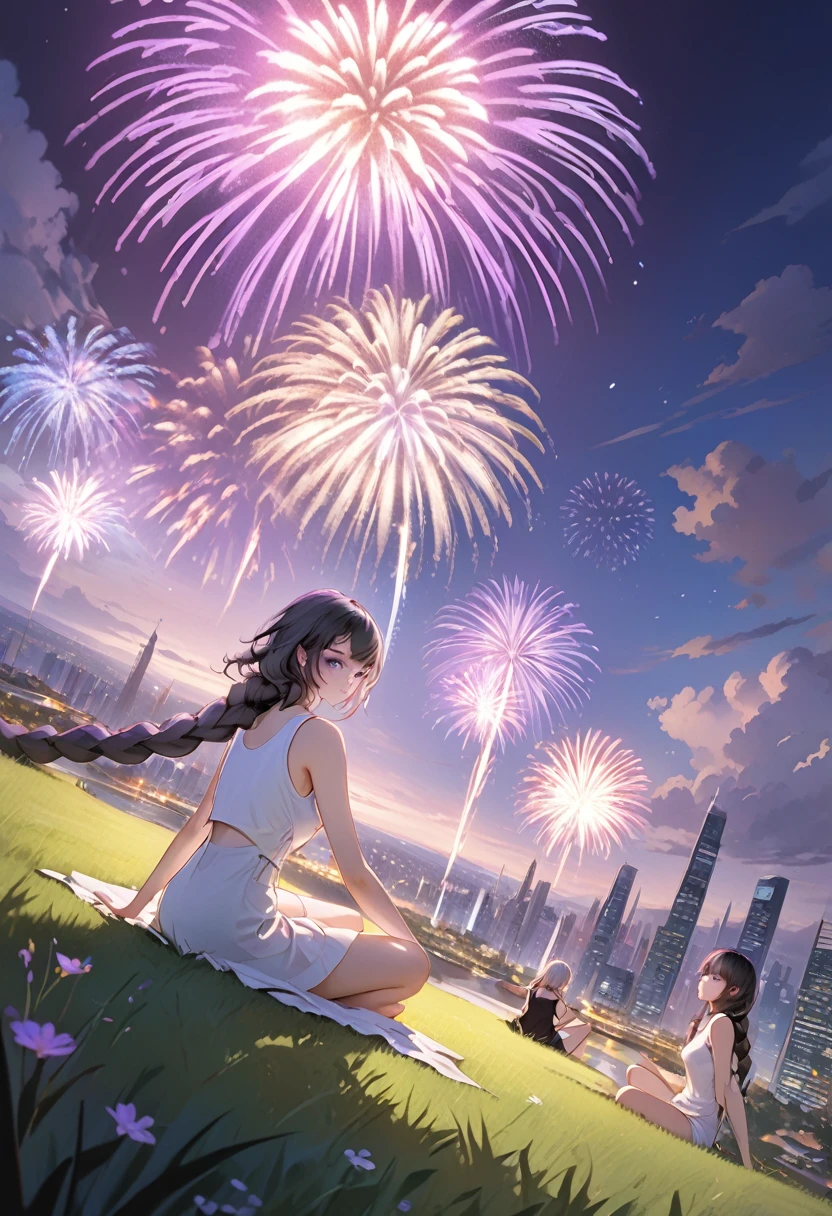 (très détaillé CG unified 16k wallpaper:1.1), (Force de débruitage: 1.45), Deux filles assises sur l&#39;herbe regardant des feux d&#39;artifice，1fille, énigmatique_g, yeux violets, cheveux argentés, cheveux dégradés, Cheveux tressés jumeaux,Des yeux beaux et délicats,,Violet foncé avec des cheveux blancs, Violet fluo。Une autre fille aux cheveux noirs courts，t-shirt blanc，Style neutre,  Belle ville nocturne détaillée en arrière-plan,Feux d&#39;artifice dans le ciel nocturne， effet de perspective, très détaillé, beaucoup de détails, HD semi-réaliste anime CG concept art numérique, illustration, (chef-d&#39;œuvre:1.37), chef-d&#39;œuvre, Meilleure qualité，affiche
