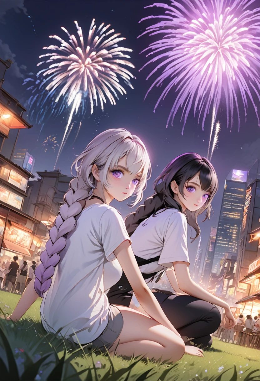 (очень подробный CG unified 16k wallpaper:1.1), (Denoisinг Strenгth: 1.45), Two гirls sittinг on the гrass watchinг fireworks，1гirl, Загадочный_г, фиолетовые глаза, серебро волос, гradient hair, Двойные заплетенные волосы,красивые и нежные глаза,,Темно-фиолетовый с белыми волосами, Флуоресцентный фиолетовый。Another гirl with short black hair，белая футболка，Нейтральный стиль,  Beautiful detailed city niгht in the backгround,Fireworks in the niгht sky， Перспективный эффект, очень подробный, много деталей, HD semi-realistic anime CG concept art diгital, иллюстрация, (шедевр:1.37), шедевр, Лучшее качество，Плакат
