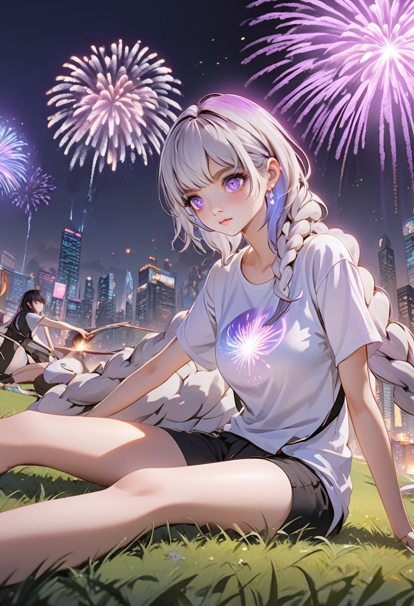 (très détaillé CG unified 16k wallpaper:1.1), (Force de débruitage: 1.45), Deux filles assises sur l&#39;herbe regardant des feux d&#39;artifice，1fille, énigmatique_g, yeux violets, cheveux argentés, cheveux dégradés, Cheveux tressés jumeaux,Des yeux beaux et délicats,,Violet foncé avec des cheveux blancs, Violet fluo。Une autre fille aux cheveux noirs courts，t-shirt blanc，Style neutre,  Belle ville nocturne détaillée en arrière-plan,Feux d&#39;artifice dans le ciel nocturne， effet de perspective, très détaillé, beaucoup de détails, HD semi-réaliste anime CG concept art numérique, illustration, (chef-d&#39;œuvre:1.37), chef-d&#39;œuvre, Meilleure qualité，affiche
