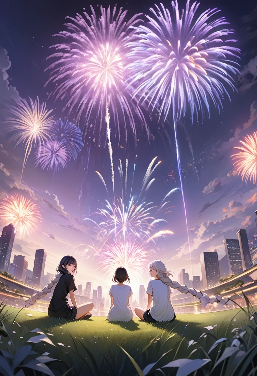 (Very detailed CG unified 16k wallpaper:1.1), (Denoising Strength: 1.45), Two girls sitting on the grass watching fireworks，1girl, cryptic_g, purple eyes, silver hair, gradient hair, twin braided hair,Beautiful and delicate eyes,,Dark purple with white hair, Fluorescent violet。Another girl with short black hair，White T-shirt，Neutral style,  Beautiful detailed city night in the background,Fireworks in the night sky， Perspective Effect, Very detailed, Lots of details, HD semi-realistic anime CG concept art digital, illustration, (masterpiece:1.37), masterpiece, best quality，poster
