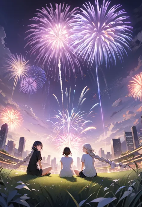 (Very detailed CG unified 16k wallpaper:1.1), (Denoising Strength: 1.45), Two girls sitting on the grass watching fireworks，1gir...