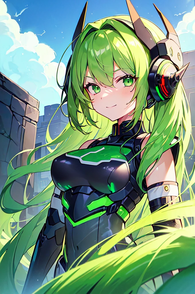 (((masterpiece))), (upper body), 1girl, solo, Green hair, long hair, Green eyes, (slant eyes), science fiction, (mecha musume:1.5), mechanical parts, headgear, doragon mechanical tails, ((mechanical Black dragon Armor)), Evil smile face, (((Energy Monster))), Anime style