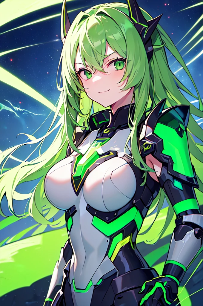 (((masterpiece))), (upper body), 1girl, solo, Green hair, long hair, Green eyes, (slant eyes), science fiction, (mecha musume:1.5), mechanical parts, headgear, doragon mechanical tails, ((mechanical Black dragon Armor)), Evil smile face, (((Energy Monster))), Anime style