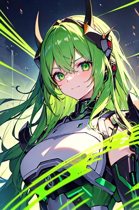 (((masterpiece))), (upper body), 1girl, solo, Green hair, long hair, Green eyes, (slant eyes), science fiction, (mecha musume:1....