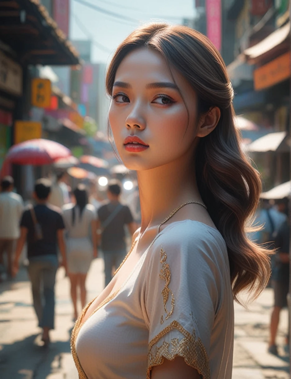 A masterpiece of optical realism, Highly detailed, lifelike 8k photos, Best movie quality, Volumetric light and shadow, femaleสาวในชุดสีทาหน้า ktrmkp, beautiful_female_shape__, __background__ Full of busy people, __beautiful_shot__ 