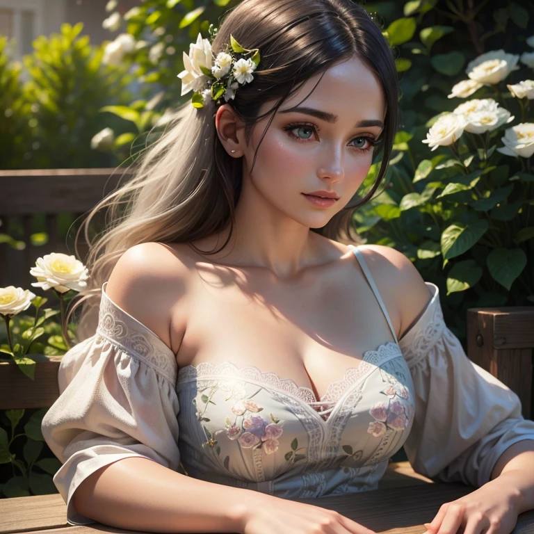 A 30-year-old woman in a garden, beautiful detailed eyes, beautiful detailed lips, extremely detailed eyes and face, long eyelashes, a small gray cat, intricate floral patterns, lush greenery, soft lighting, cinematic composition, elegant pose, warm color palette, detailed textures, photorealistic, (best quality,4K,8k,high resolution,masterpiece:1.2),ultra-detailed,(realistic,photorealistic,photo-realistic:1.37)