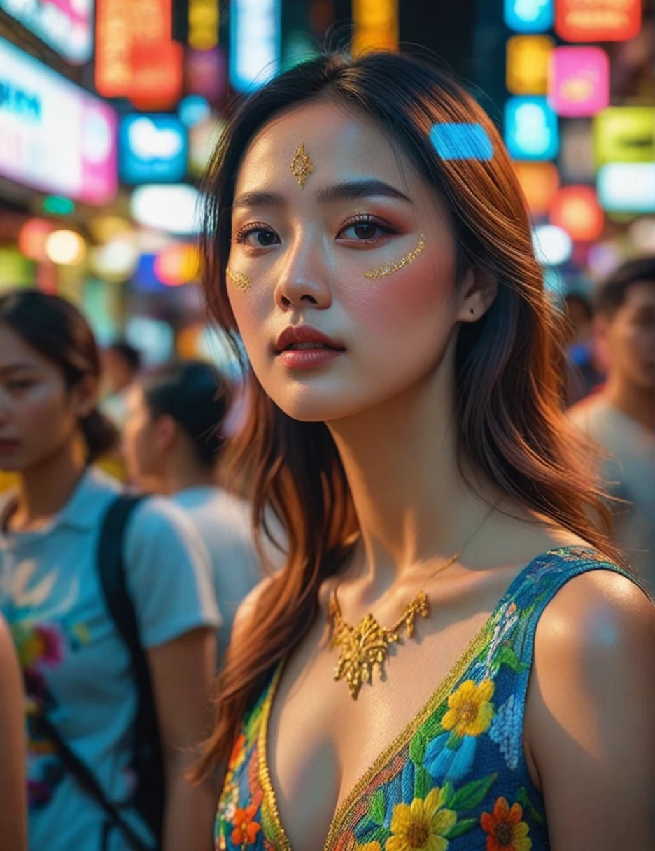 A masterpiece of optical realism, Highly detailed, lifelike 8k photos, Best movie quality, Volumetric light and shadow, femaleสาวในชุดสีทาหน้า ktrmkp, beautiful_female_shape__, __background__ Full of busy people, __beautiful_shot__ 