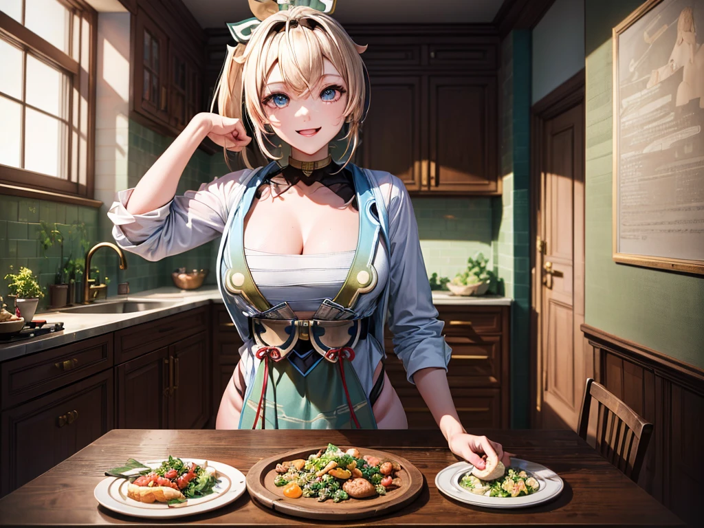 (Ultra-high resolution,masterpiece, Attention to detail, Highest quality), 4K,(ponytail、Blonde),(well endowed,Captivating body、Ultra-detailed skin、Beautiful eyes、Detailed Background),1girl,apron,kitchen,Mr.々Food,Fancy Meals,A large amount of ingredients、Smile、