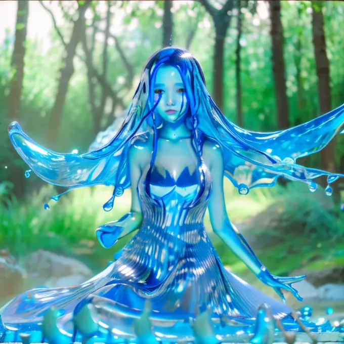 slime girl, anime,, high quality, very high, midiam breasts, blue liquid is dripping from the body., closed dress, closed mount,...