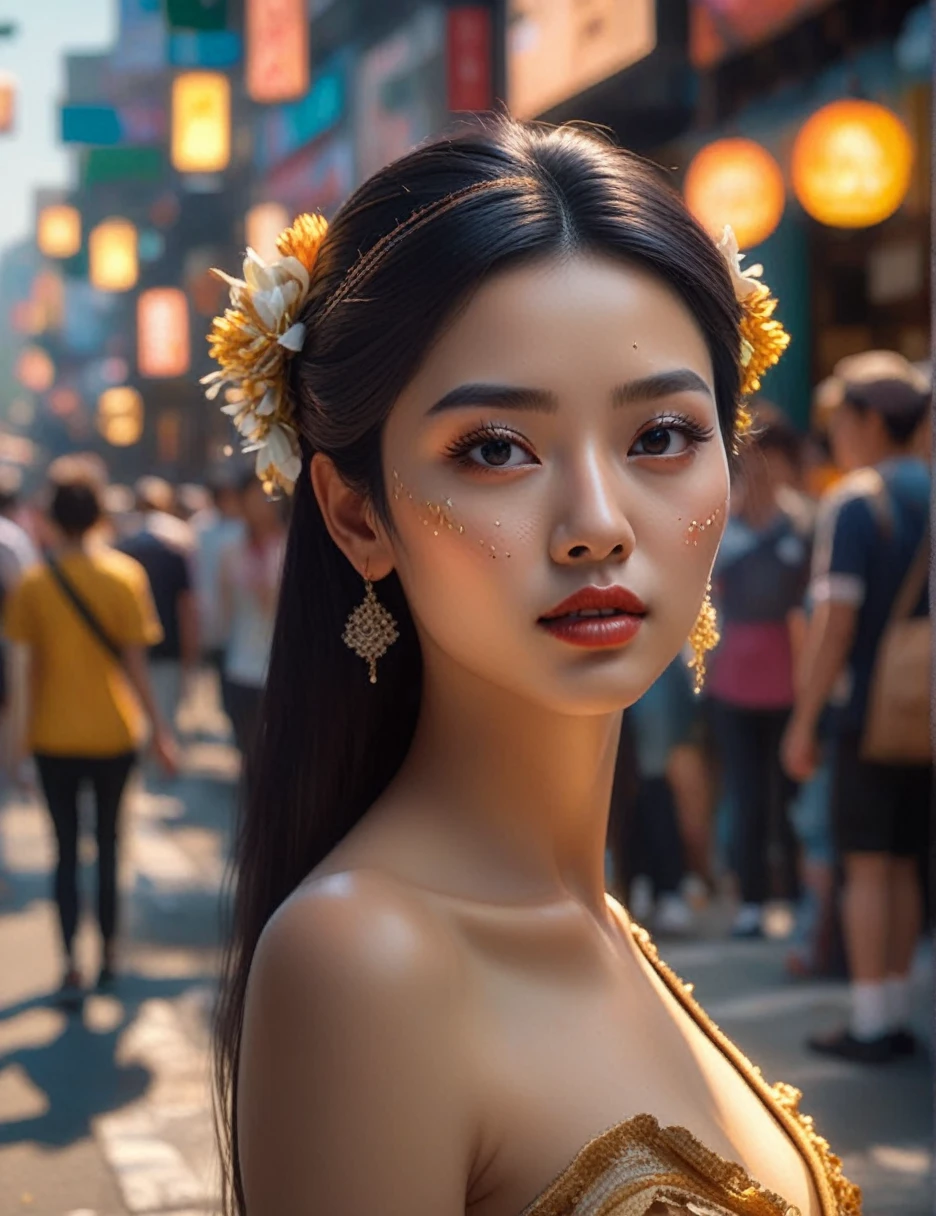 A masterpiece of optical realism, Highly detailed, lifelike 8k photos, Best movie quality, Volumetric light and shadow, femaleสาวในชุดสีทาหน้า ktrmkp, beautiful_female_shape__, __background__ Full of busy people, __beautiful_shot__ 