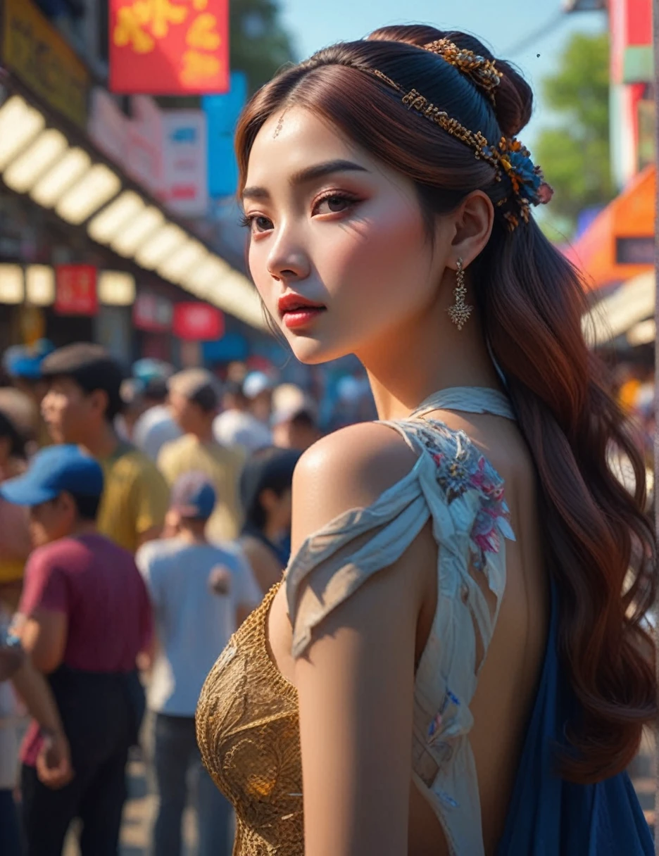 A masterpiece of optical realism, Highly detailed, lifelike 8k photos, Best movie quality, Volumetric light and shadow, femaleสาวในชุดสีทาหน้า ktrmkp, beautiful_female_shape__, __background__ Full of busy people, __beautiful_shot__ 