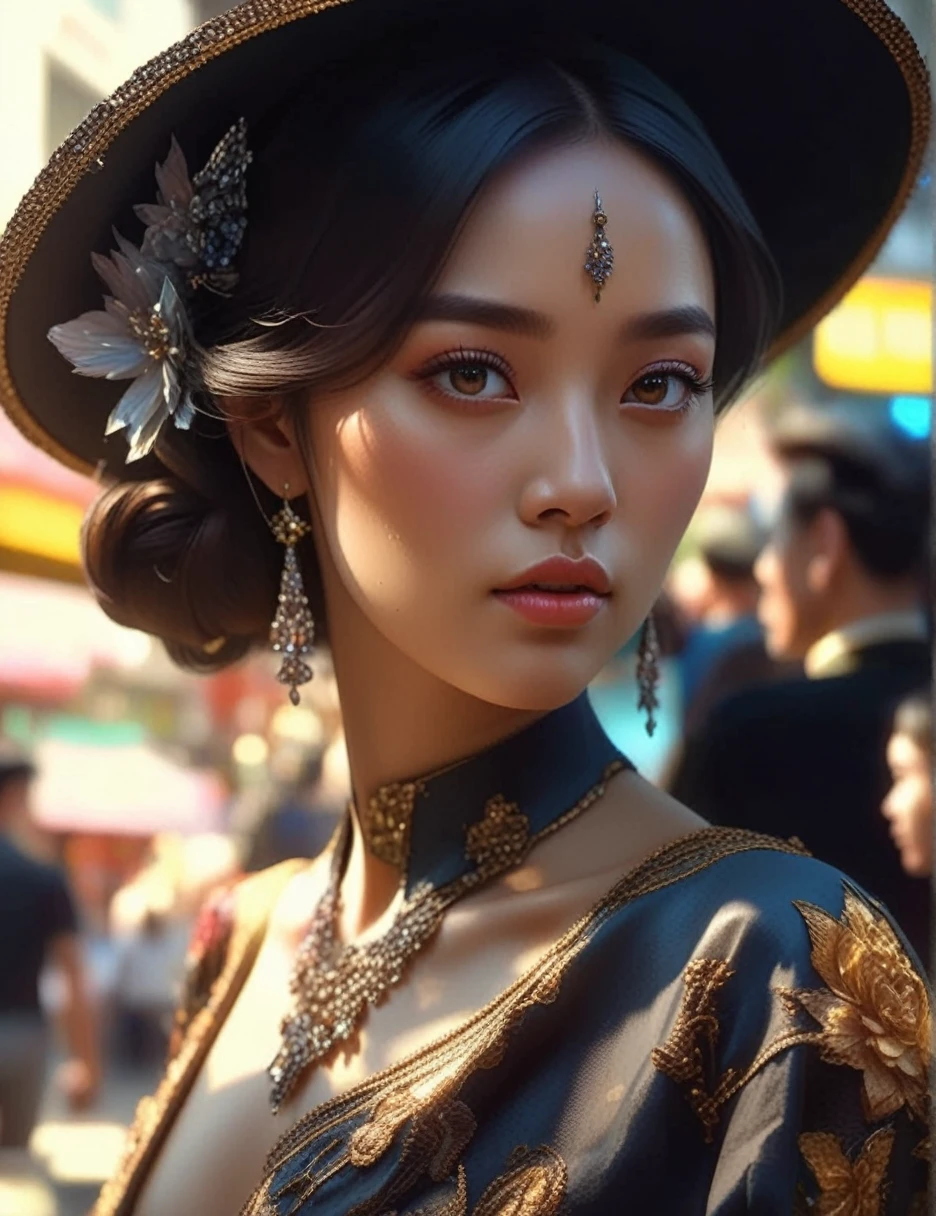 A masterpiece of optical realism, Highly detailed, lifelike 8k photos, Best movie quality, Volumetric light and shadow, femaleสาวในชุดสีทาหน้า ktrmkp, beautiful_female_shape__, __background__ Full of busy people, __beautiful_shot__ 