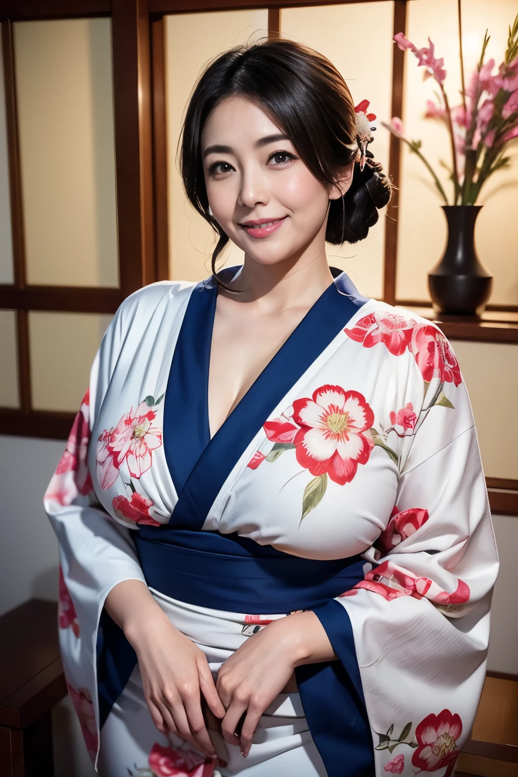 As mães mais lindas do Japão, (Corpo curvilíneo)、vestindo um quimono、quarto tradicional japonês、Seios enormes que são muito grandes e caem um pouco、janeiro、Com olhos sorridentes、Saudações de ano novo