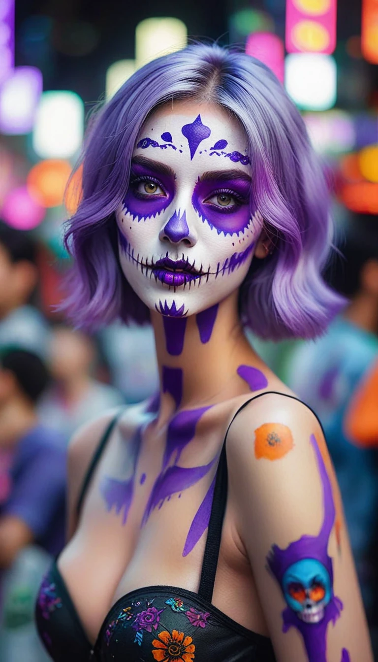 (best quality, 8K, Masterpiece: 1.3)), Sharp focus: 1.2, A beautiful woman with a perfect figure. Highly detailed facial and skin textures, Detailed eyes, Double eyelids, smile, look at viewer, purple short hair, upper body, put on makeup, blurry background, white skin, Face Paint, white skin, playing equipment, Holding equipment, Zombies, light purple lips, __background__ Full of busy people