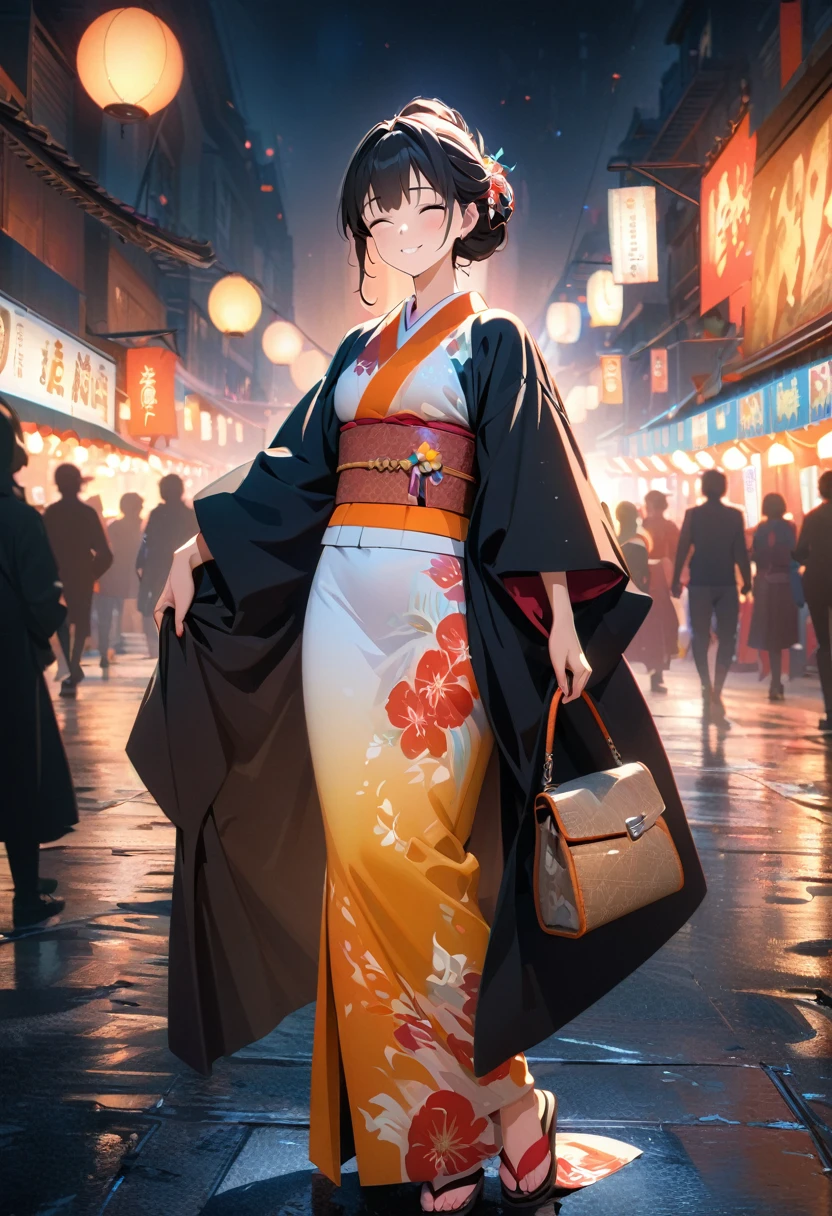 (best quality,8k,highres, masterpiece:1.2), (anime style),ultra-detailed, HDR, UHD, studio lighting, ultra-fine painting, sharp focus, physically-based rendering, extreme detail description, professional, vivid colors, bokeh, portraits, concept artists, warm color palette, dramatic lighting,Summer festival night,1 beautiful woman,(kimono),updo, big smile, closed eyes, (The cityscape lined with the fairs of summer festivals),(beautiful hair, glowing skin,),full body,(Silhouette of a passing crowd),(anime style),Holding a Hermès Kelly Bag