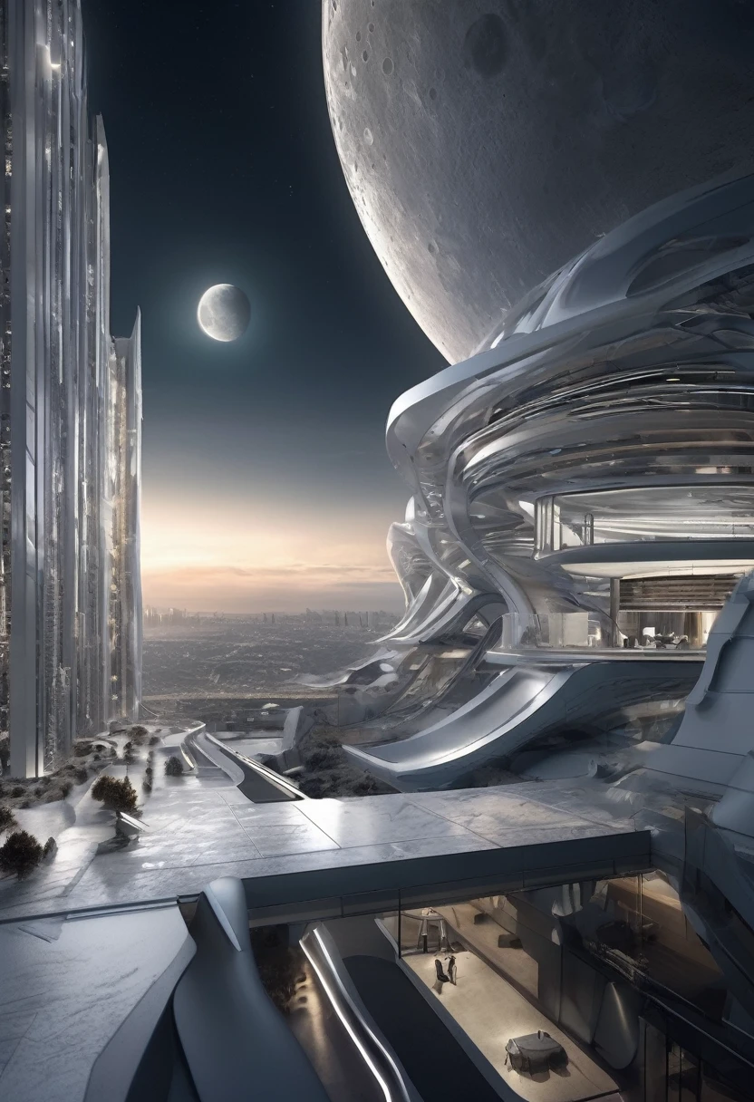 Imagina un paisaje urbano futurista en la luna., caracterizado por una llamativa paleta de todos los tonos blancos y grises. Imagina las maravillas arquitectónicas, con edificios que adoptan formas únicas, como esferas y cúpulas. Imagínese estas estructuras mezclándose perfectamente con el paisaje lunar., creando una ciudad armoniosa y de otro mundo. Capture la interacción de luces y sombras en la superficie lunar., con edificios futuristas que proyectan patrones geométricos que reflejan la tenue luz de la luna. Esta ciudad representa una visión de tecnología avanzada y diseño innovador., establecer una impresionante metrópoli lunar que armoniza con el entorno celestial.representación de fantasía realista，por Chasbio，épico y impresionante，archviz，arquitectura épica，arte conceptual。 diseño moderno futurista，Grandes ciudades en el espacio，Paisaje de ciudad futurista，arquitectura realista de colmena. desde muy lejos, Ultra gran angular